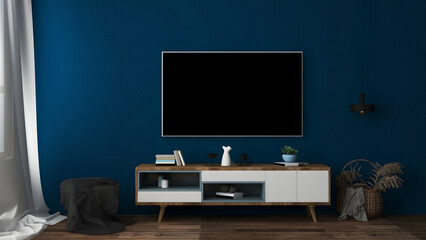 Tv interior room mockup with blank tv, blue wall, desk, stool, and hanging lamp.  3d Rendering. 3d interior