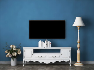 Tv interior room mockup with blue wall, blank tv, classic white desk, classic lamp, and flower. 3d Rendering. 3d interior