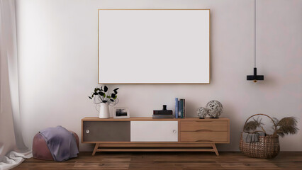 Room interior mockup with big blank frame, stool, desk, and objects. 3d Rendering. 3d interior