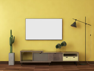 Room interior mockup with blank frame, desk, lamp, plant, and yellow painted wall.  3d Rendering. 3d interior