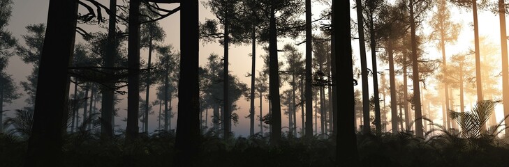 Silhouettes of pines, Fairy forest in the rays of the setting sun, 3d rendering