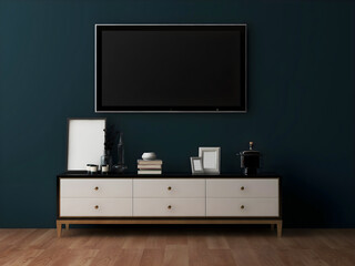 Tv room interior mockup with desk, blank tv, and dark teal wall.3d Rendering. 3d interior