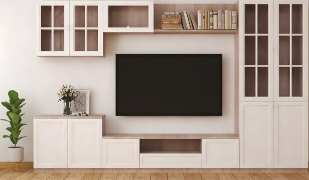 Tv room interior mockup with blank tv and white big bookcase. 3d Rendering. 3d interior