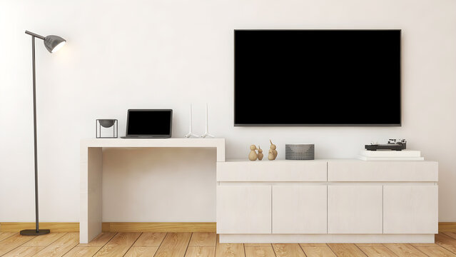 Tv room interior mockup with white desk table, blank tv, and blank laptop.  3d Rendering. 3d interior