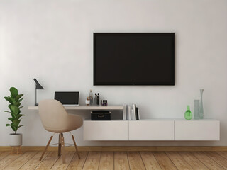Tv room interior mockup with white study desk, blank tv, blank laptop, and objects. 3d Rendering. 3d interior