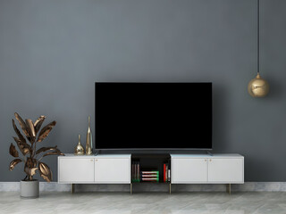 Tv room interior mockup with blank tv, white desk, hanging lamp, and gray wall.  3d Rendering. 3d interior