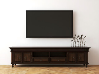 Tv room interior mockup with brown classic desk and blank tv. 3d Rendering. 3d interior