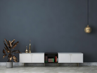 Room interior mockup with gray painted wall, modern white desk, and gold plant. 3d Rendering. 3d interior