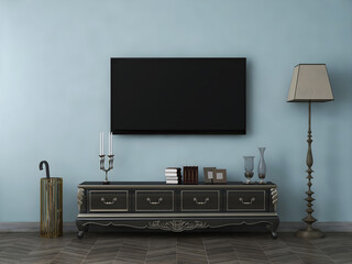 Tv room interior mockup with soft blue wall, blank tv, brown classic desk, and classic lamp. 3d Rendering. 3d interior