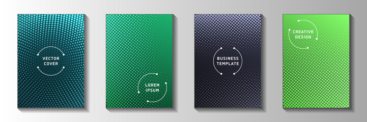 Simple dot perforated halftone cover page templates vector kit. School booklet faded halftone