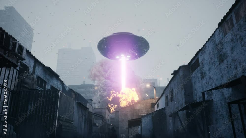 Canvas Prints an alien invader ship destroys a city with a powerful laser. apocalyptic alien invasion atmosphere. 