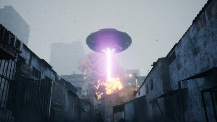 An alien invader ship destroys a city with a powerful laser. Apocalyptic alien invasion atmosphere. An alien apocalypse. The animation is ideal for apocalyptic, sci-fi and space backgrounds.