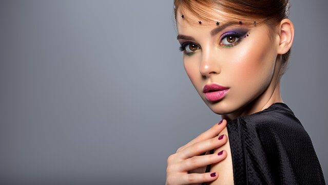 Portrait of a beautiful woman with bright makeup. Closeup model face with multicolored eye make-up. Pretty, sexy girl with creative hairstyle. Stylish fashion model with a short hair. Beauty style.