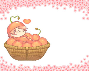カゴ入りさくらんぼ君　さくらいっぱいフレーム　コピースペース　ピンクver