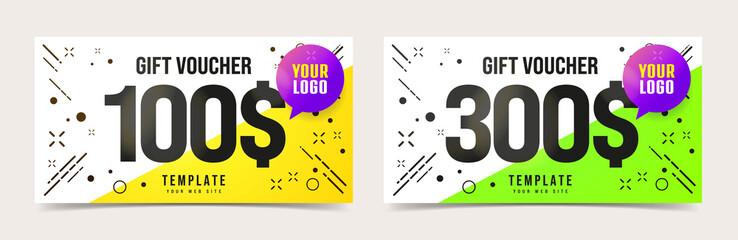100 and 300 dollar monetary gift voucher with bright design