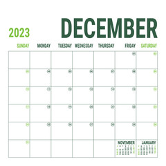 December. Planner 2023 year. English vector square calendar template. Minimalistic design. Week starts on Sunday