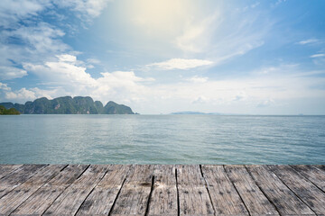 Wooden Table Against Sea Scape Background.