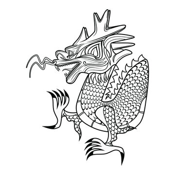 Line art vector – symbols logo or icon of chinese dragon or loong long or lung in side view drawing in black and white