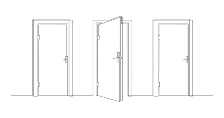 Hall with closed and open entrance doors. Entrance to a room or office. Background for ads