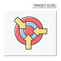 Goal color icon. Object with concentric circles for shooting practice or contests. Three arrows. Goals achieved. Target concept. Isolated vector illustration