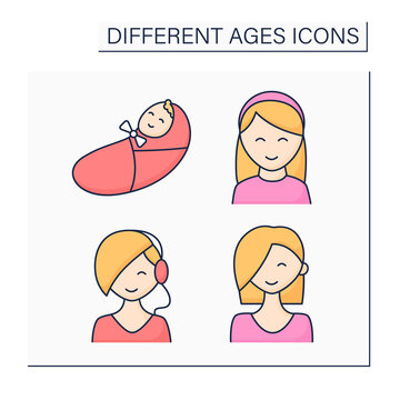 Different ages color icons set. Generations. Newborn, teenager, adulthood and retirement of womane life. Life cycle concept. Isolated vector illustrations