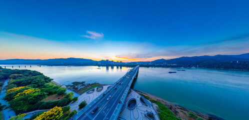 Urban environment of Fuchun River Erqiao, Tonglu County, Zhejiang province, China