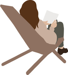 Woman sitting on a wooden chair and reading a book