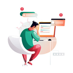 The irritable programmer did not cope with the task. Development of programming and coding technologies. A screen with codes, a developer working with a task. Isolated vector illustration.