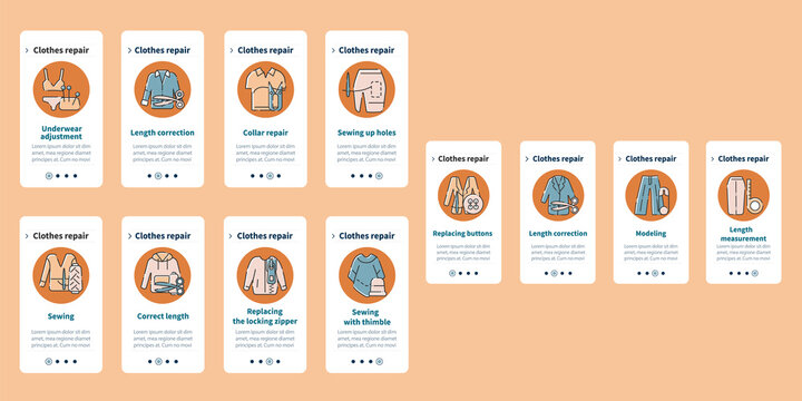 Clothing repair onboarding mobile app screens. Correct and trim length. Fashion steps menu. Set of UI, UX, web template with RGB color linear icons