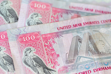 One hundred dirhams banknotes, UAE dirhams, paper money, closeup view