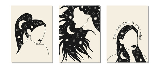 Hand drawn abstract woman faces in line art, boho style. Concept of spirituality, magic, witchcraft and mythic