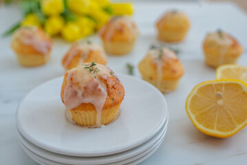 sweet home made vanilla lemon muffins with thyme