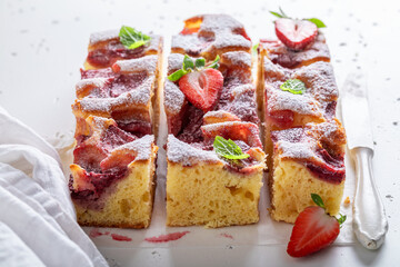 Rustic and fresh strawberry cake as dessert in summer.