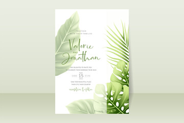 Wedding invitation template with realistic tropical summer leaves