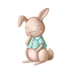 cute little shy rabbit, watercolor style illustration with cartoon character