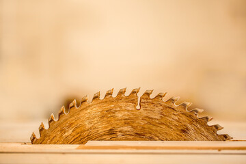 Sawmill close-up disc saw. Furniture production sawing parts for wooden furniture. Industrial plant.