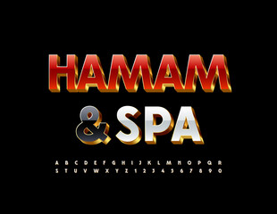 Vector premium sign Hamam and Spa. White gold Font. Elite 3D Alphabet Letters and Numbers set