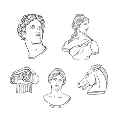 Greek gods Antique statue, ancient sculpture line art set. Vector illustrations exhibition. Heads, horse, column