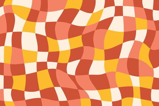 Distorted multi colored checkered background in retro style. Yellow, pink, red and beige colors cages. Vector geometric pattern. Groovy illustration.