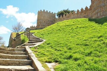 Cement stairs beside the wall of Avila, Spain. photo
