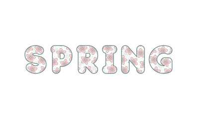 Spring inscription with pink and pale grey flowers and grey edging isolated on a white background. Lettering, word with floral texture. Vector design template for banner, poster and seasonal themes
