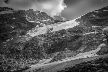 Fototapeta na wymiar Black and white view of Fontana Glacier surface. Vallelunga, Alto Adige - Sudtirol, Italy. Popular mountain for climbers