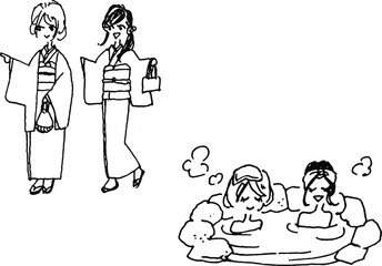 温泉に浸かる女性　着物で街歩きする女性