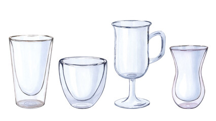 Set Watercolor empty transparent glass cup for coffee isolated. Glass Tableware. Hand drawing illustration for design