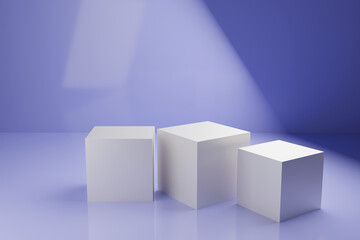 Three white square stands on very pery background.