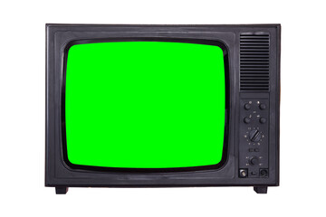 Old vintage TV with green screen for adding video isolated on white background.Vintage TVs 1960s 1970s 1980s 1990s 2000s. 