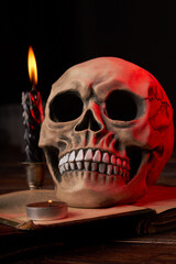 Vertical shot of humans skull and burning candles on black background. Still life composition for satanic ritual .