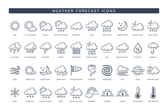 Weather icons. Forecast weather icon collection. 50 doodle icons with the most common indications in any meteorological part, such as sun, rain, wind, snow, and temperatures, in all its variants. 