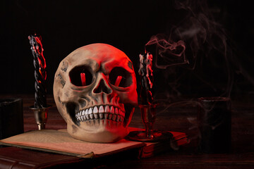 End of the life concept. Humans skull and extinguished candles. Wicca satanic religion ritual .