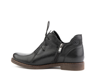 Women's autumn black leather jodhpur boots with laces and average heels, isolated white background. Left side view. Fashion shoes.